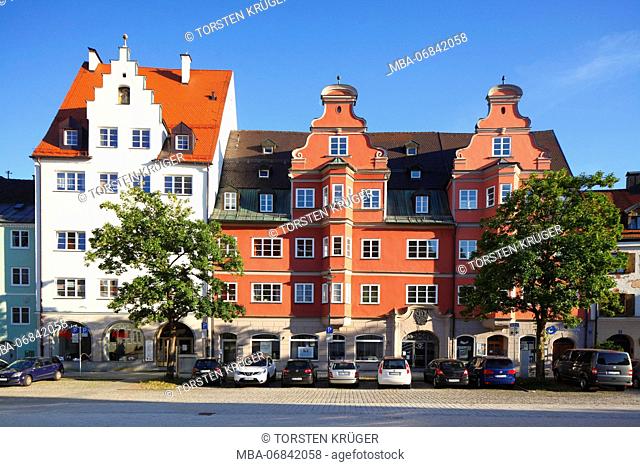 Historical house facades on the Rathausplatz (square), Old Town, Kempten, Allgäu, Upper Swabian, Bavaria, Germany, Europe