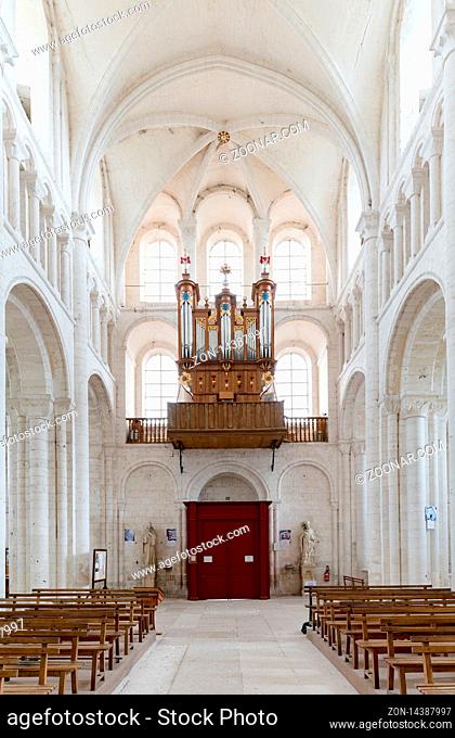 Saint-Martin-de-Boscherville, Seine-Maritime / France - 13 August 2019: interior view of the Abbey of Saint-Georges church in Boscherville with the organ
