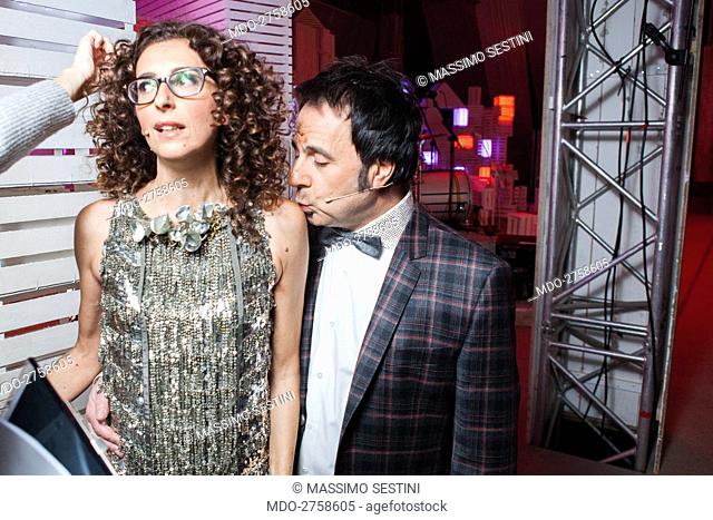 The comedians and Zelig presenters Teresa Mannino and Mago Forest (Michele Foresta) in a photocall shooted in the backstage of the TV show