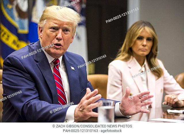 U.S. President Donald Trump speaks during an opioid round table at the White House in Washington, DC, USA, 12 June 2019. At right is U.S