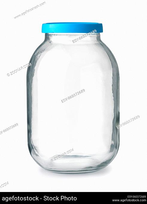 Front view of big empty glass jar with blue lid isolated on white