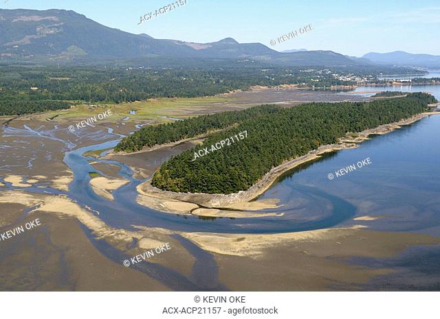 Aerial photo of Wiily Island and the Chemainus River Estuary, Chemainus Valley, Vancouver Island, British Columbia, Canada