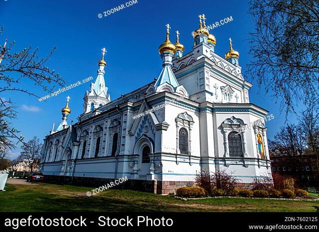 DOUGAVPILS, LATVIA - APRIL 28, 2015 : Side view of Orthodox Ss Boris and Gleb Cathedral in Dougavpils, Latvia, main and the biggest orthodox church in Latvia