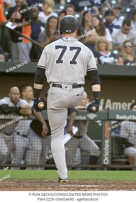 New York Yankees left fielder Clint Frazier (77) breaks his bat over his knee after striking out in the eighth inning against the Baltimore Orioles at Oriole...