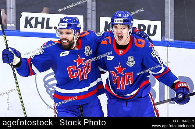 RUSSIA, ST PETERSBURG - MARCH 3, 2023: HC SKA St Petersburg's Svyatoslav Grebenshchikov (L) and Nikita Kamalov celebrate scoring in Leg 2 of their 2022/23 KHL...