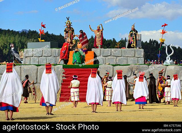 Inti Raymi, festival of the sun, ceremony on the sanctuary, ruins of the Inca Sacsayhuamán, Cusco, Peru, South America