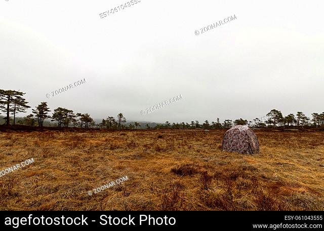 camouflaged hunting blind ready for the photography hunt at the grouse lek place. Camo tent for photographer on the marsh in spring