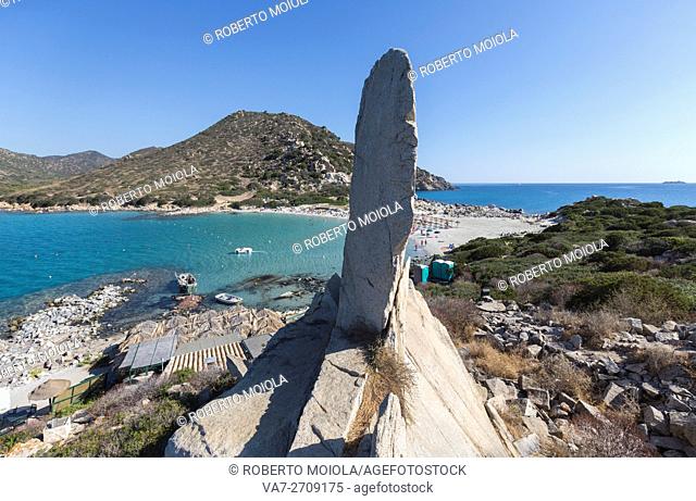 The white rocks frame the turquoise sea and the sandy beach Punta Molentis Villasimius Cagliari Sardinia Italy Europe