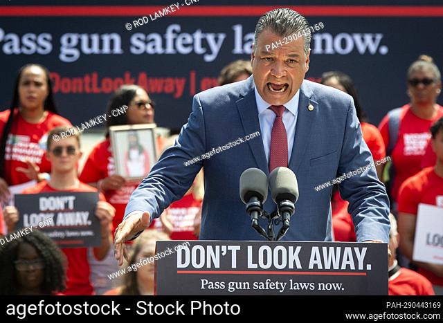 United States Senator Alex Padilla (Democrat of California) offers remarks during a protest by Everytown for Gun Safety and its grassroots networks