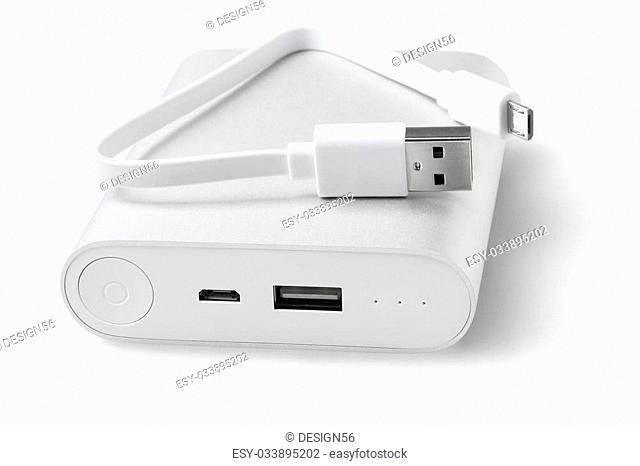 Power Bank Charger and USB Cable On White Background