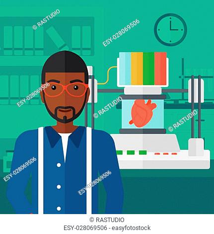 An african-american man standing near 3D printer making a heart on the background of laboratory vector flat design illustration. Square layout