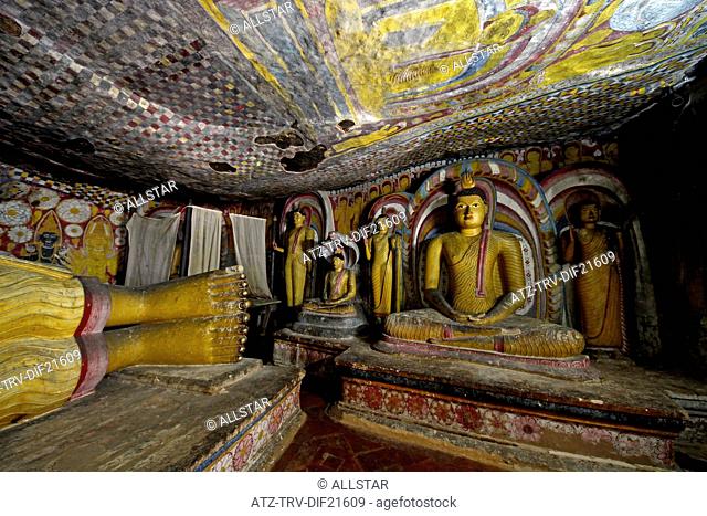 FEET OF RECLINING BUDDHA & SITTING BUDDHA CAVE 5; DAMBULLA CAVE TEMPLE, SRI LANKA; 08/03/2013