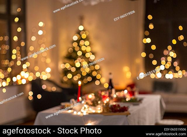 blurred table serving for christmas party at home