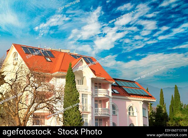 Modern house with solar panels on the roof