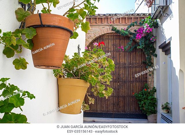 Old town street of Badajoz with flowers decorated as Al-andalus style, Spain