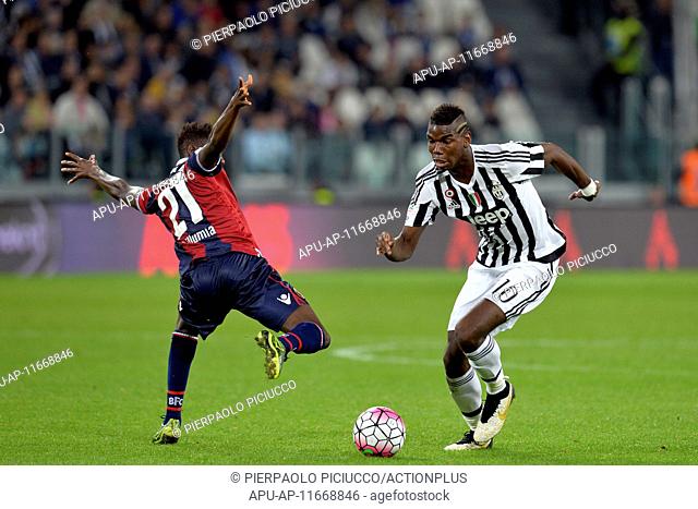 2015 Serie A Football Juventus v Bologna Oct 4th. 04.10.2015. Turin, Italy. Serie A Football. Juventus versus Bologna. Paul Pogba skips past Luca Rizzo
