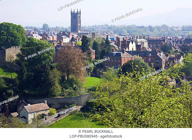 England, Shropshire, Ludlow, A view across old town buildings with St Laurence's church tower in the background
