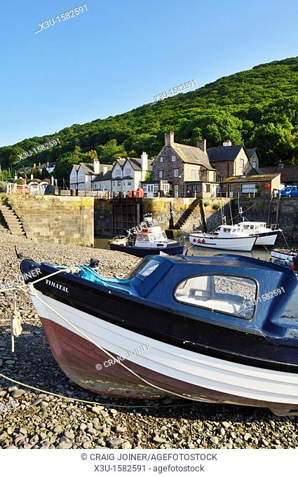 Boats in the harbour at Porlock Weir in summer, Exmoor National Park, Somerset, England, United Kingdom
