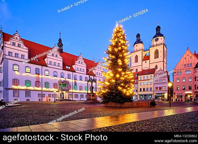 Market square with Christmas tree, town hall and St. Marien town church in Luherstadt Wittenberg, Saxony-Anhalt, Germany