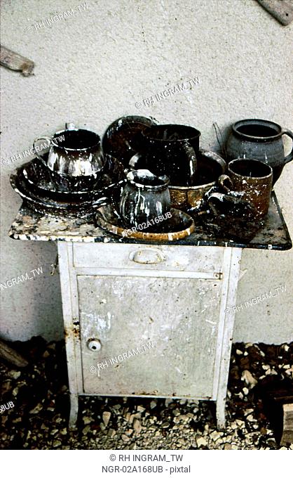 Pots and pans covered in white paint