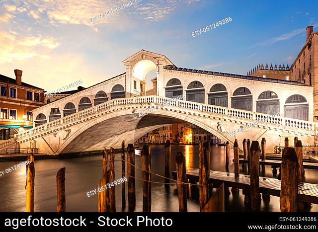 The Rialto Bridge at sunrise, one of the most visited sights of Venice, Italy
