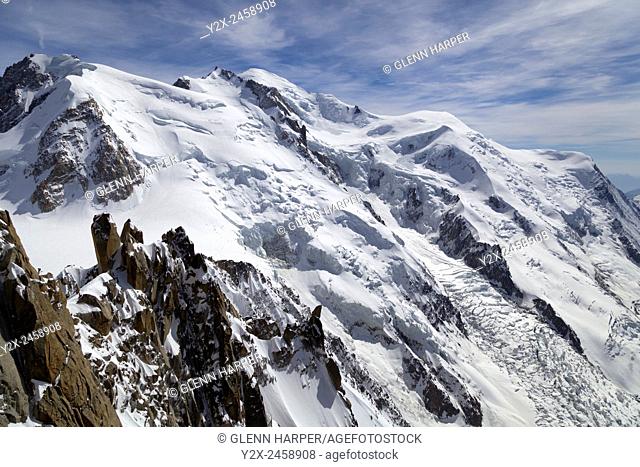 Mont Maudit (left), Mont Blanc (centre - peak) and Aiguille du Goûter (right), Mont Blanc Massif, Haute-Savoie, Chamonix, France