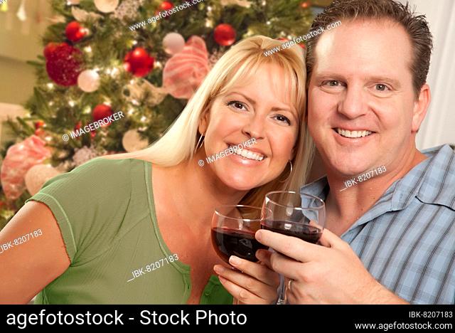 Caucasian couple holding wine glasses in front of decorated christmas tree