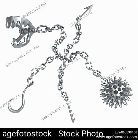Dangerous chains metal, isolated, 3d illustration, horizontal, over white