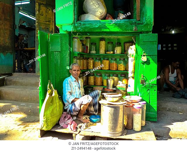 man inside wooden shop in Calcutta or Kolkata in India