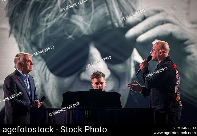 Singer Salvatore Adamo and Singer Pascal Obispo perform a tribute to recently deceased singer Arno at the closing ceremony of the 'Televie' charity event of the...