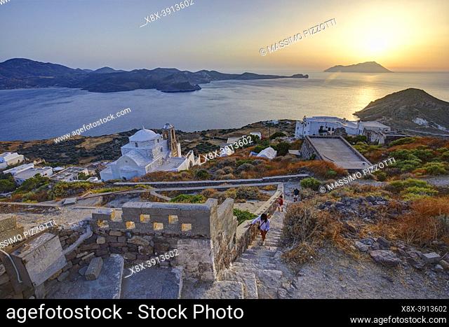 Panagia Thalassitra church from the Plaka castle at sunset, Milos island, Greece