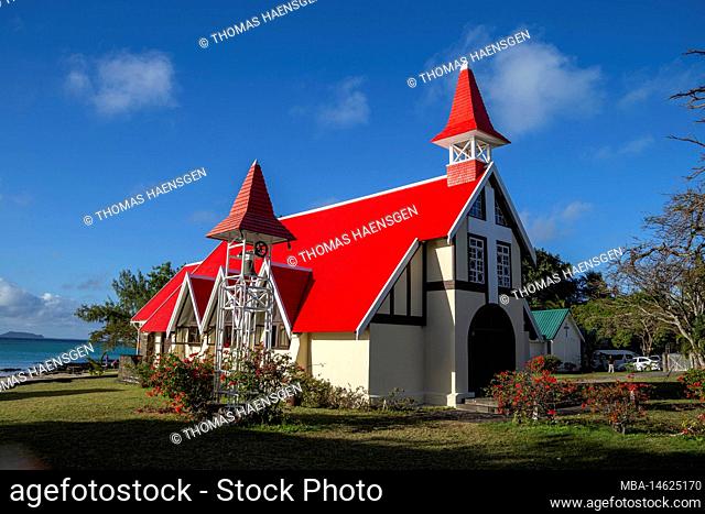 Notre Dame Auxiliatrice Church with distinctive red roof at Cap Malheureux, Mauritius Island, Indian Ocean