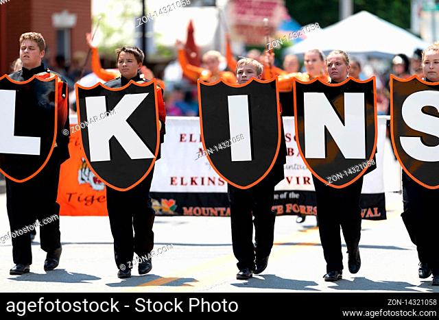 Buckhannon, West Virginia, USA - May 18, 2019: Strawberry Festival, The Elkins High School Marching Band performing at the parade