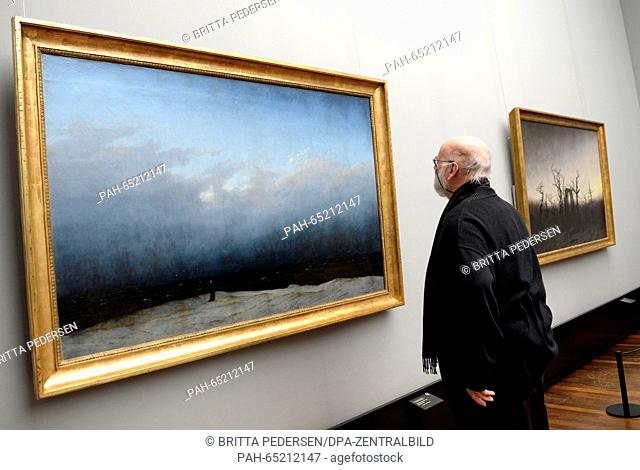 A journalists looks at the masterpieces 'The Monk by the Sea' (L) and 'The Abbey in the Oakwood' by painter Caspar David Friedrich (1774 - 1840) in the Alte...