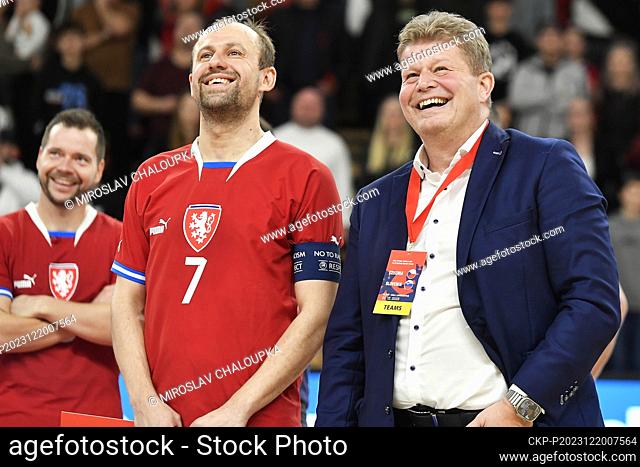 Lukas Resetar (CZE), center, and coach Tomas Neumann (CZE), right, are seen during the final match of Group D of the 2024 FIFA Futsal World Cup qualification
