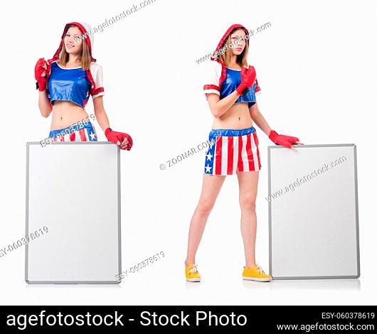 Female boxer with board isolated on white
