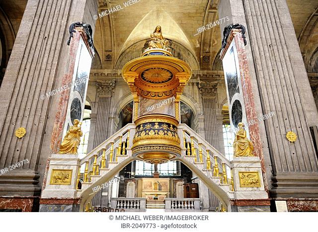 Historic, golden ornate pulpit La Chaire à Prêcher, designed by Charles de Wailly, Catholic parish church of Saint-Sulpice de Paris, Saint-Germain-des-Prés