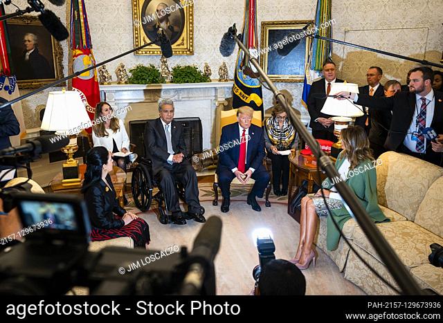 US President Donald J. Trump (R) and Ecuadorian President Lenin Moreno (L) speak to the media in the Oval Office of the White House in Washington, DC, USA