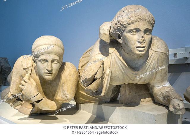 4th century BC statues of a female Lapiths, on the West pediment of the Temple of Zeus. Archaeological museum, Ancient Olympia, Peloponnese, Greece