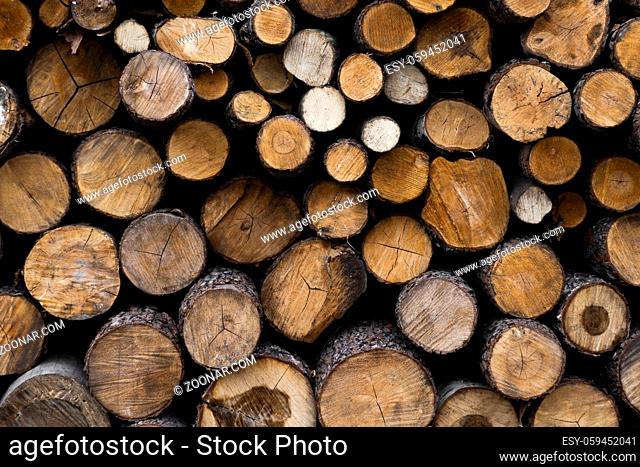 Firewood stacked and prepared for winter Pile of wood logs. Pile of wood logs ready for winter. Wood texture background have many logs that cut from big trees...