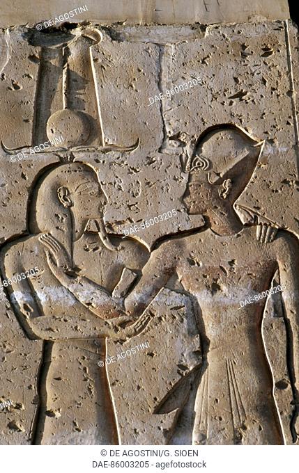 Relief depicting the Pharaoh with god Horus, portico of the Temple of Seti I, 1306-1290 bC, Abydos, Egypt. Egyptian civilisation, New Kingdom, Dynasty XIX