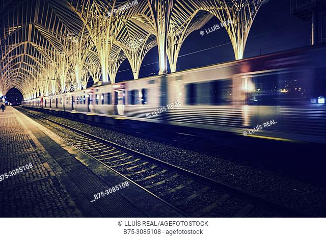 Train station with train in movement in the platform at the night. Lisbon, Europe