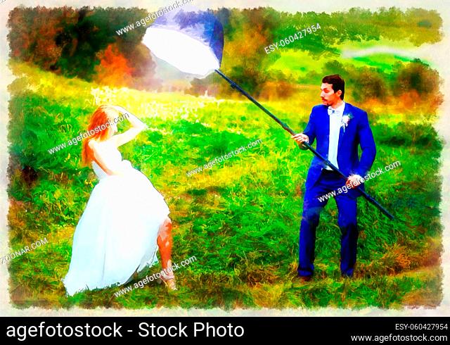 bride posing for her groom with photo equipment in landscape. Computer painting effect