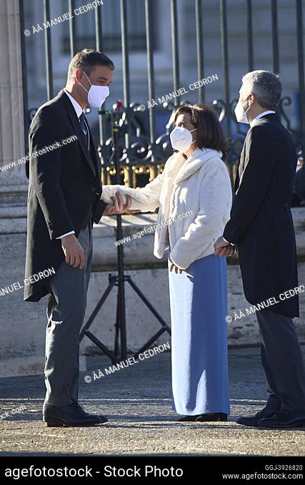 Pedro Sanchez, Prime Minister, Margarita Robles, Fernando Grande Marlaska attends New Year's Military Parade 2022 at Royal Palace on January 6, 2022 in Madrid