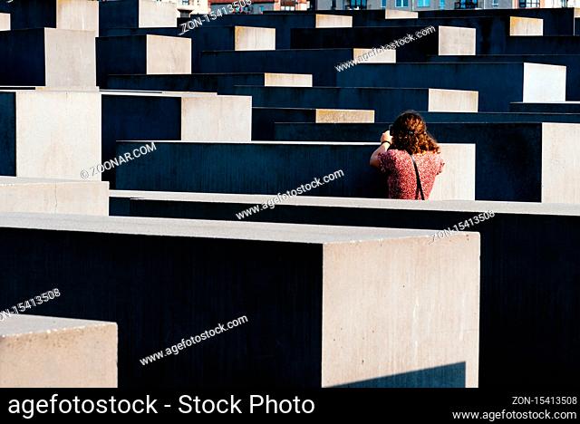 Berlin, Germany - July 28, 2019: The Memorial to the Murdered Jews of Europe, also known as the Holocaust Memorial, designed by architect Peter Eisenman