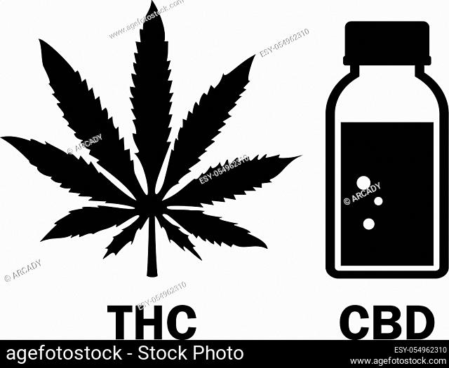 Cbd oil bottle and cannabis leaf vector icon