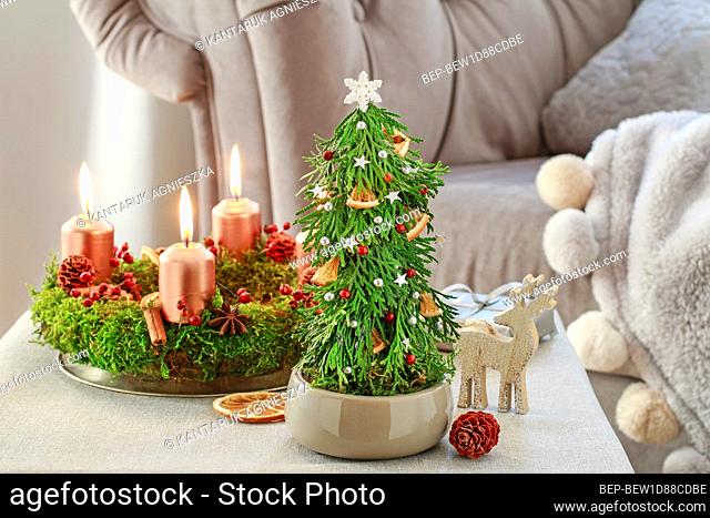 Christmas decoration in tree shape with moss, cinnamon sticks and rose hip and advent wreath on the table. Festive decor