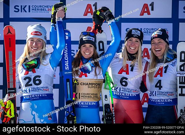 08 February 2023, France, Meribel: Alpine skiing: World Championships, Super G, women: Mikaela Shiffrin, USA, (2nd) (l-r), Marta Bassino, Italy, (1st)