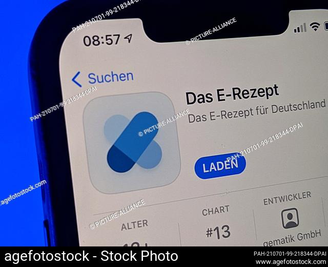 01 July 2021, Berlin: The e-prescription app in Apple's App Store on an iPhone 12. On July 1, the official app for the electronic prescription (e-prescription)...