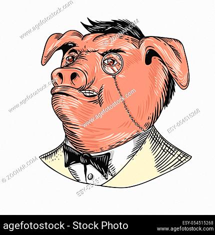 Drawing sketch style illustration of a noble aristocrat pig wearing a monocle and business suit with tie or tuxedo looking up on isolated white background